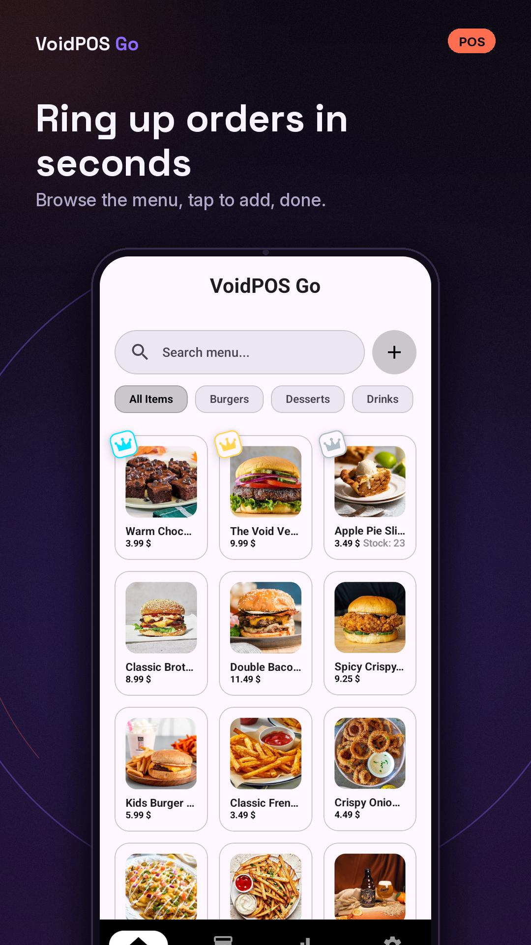 VoidPOS Go home screen with quick sale tiles