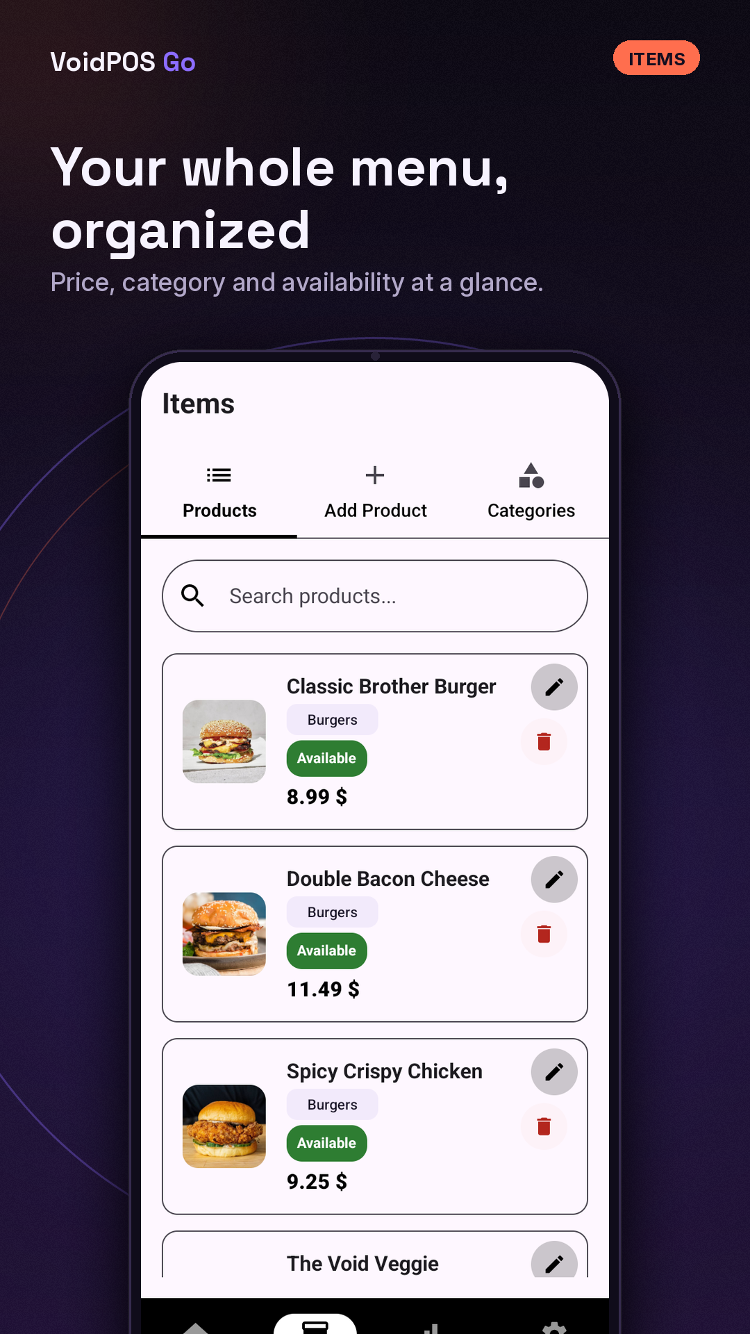 VoidPOS Go product catalog screen