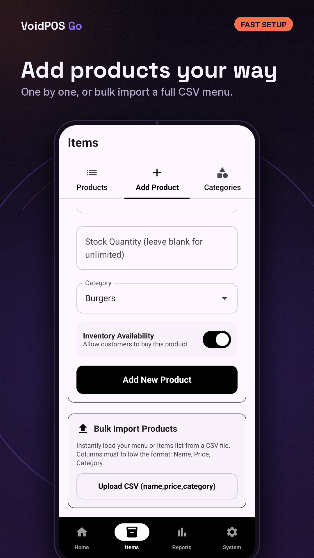 VoidPOS Go add product screen