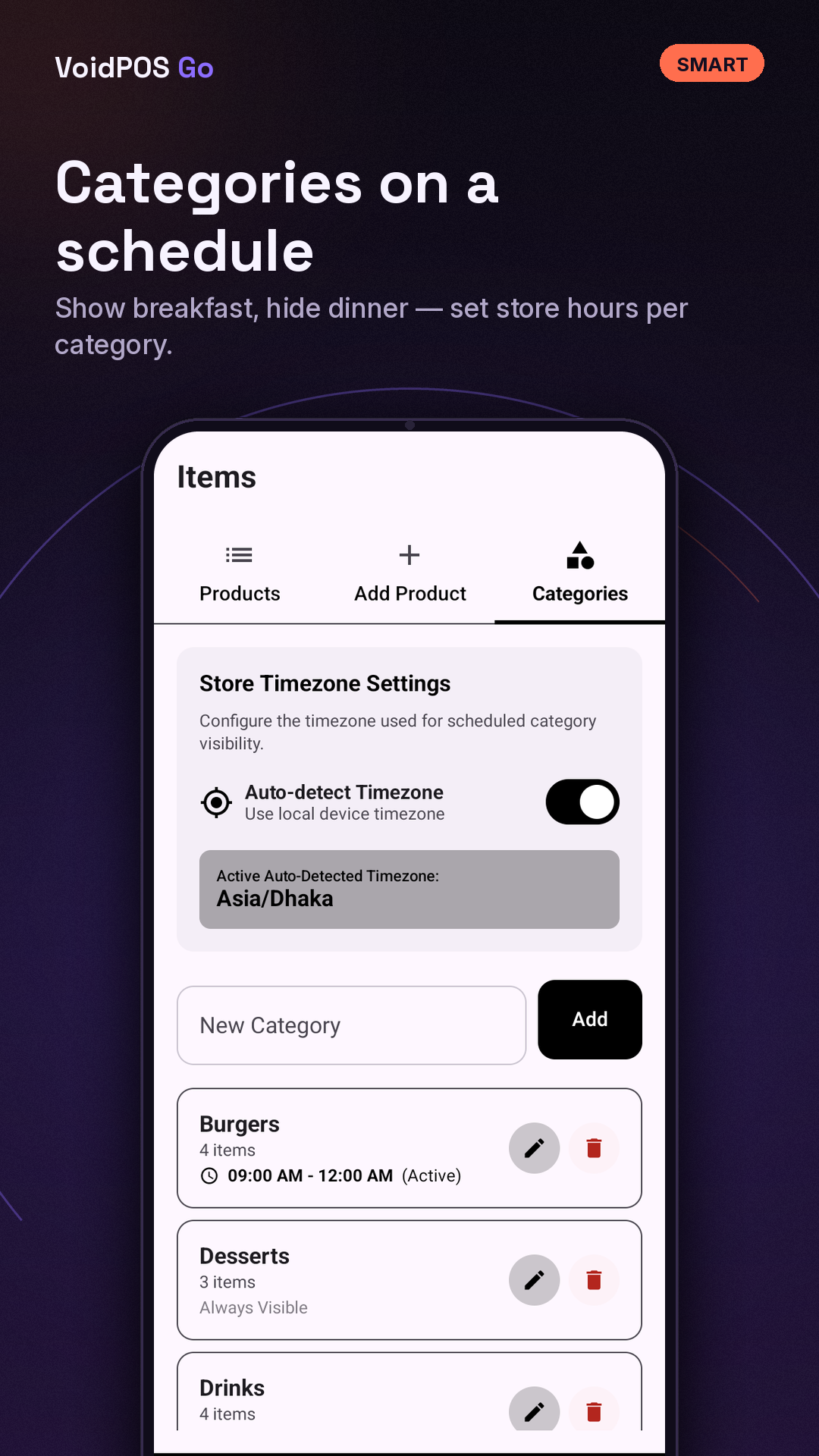VoidPOS Go product categories screen
