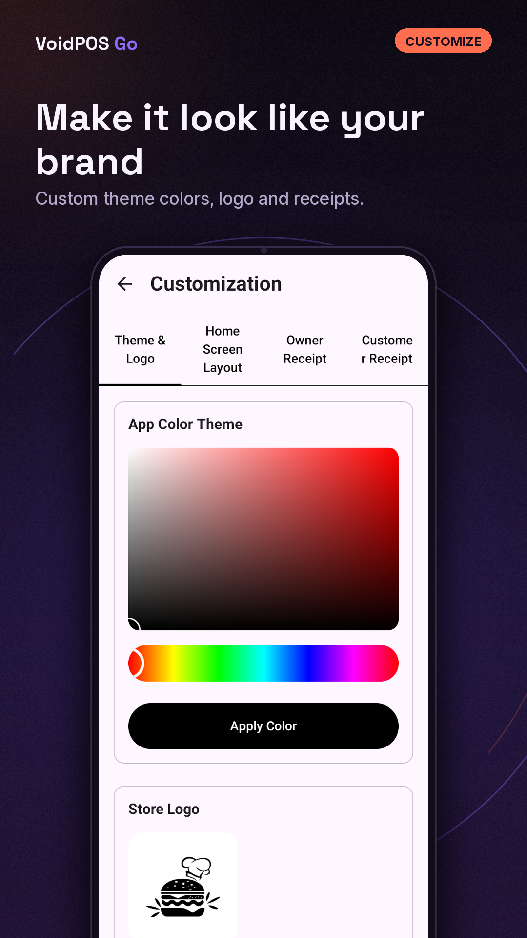 VoidPOS Go store customization and branding screen