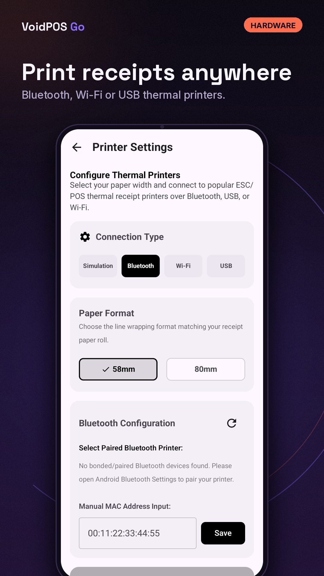 VoidPOS Go thermal receipt printer setup screen